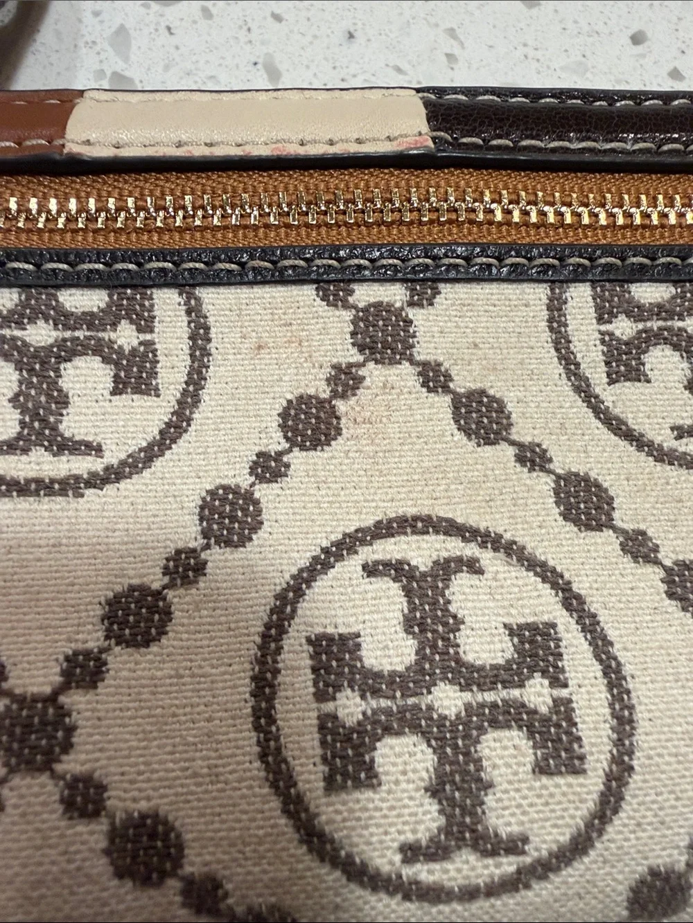 Tory Burch Monogram Beige Canvas Wallet with Brown and Mustard Trim